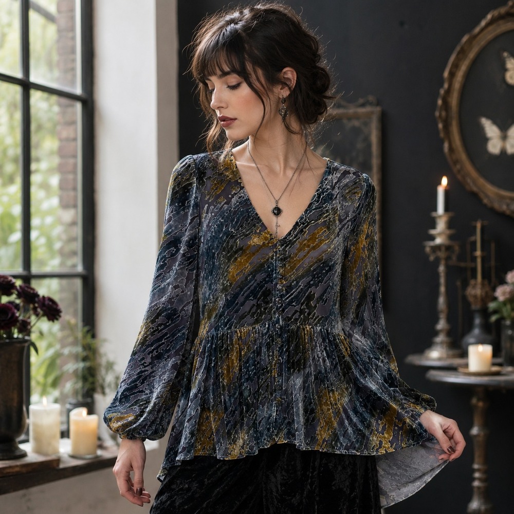 Sundance Velvet Burnout Sheer Peplum Top XS Silk Blend Dark Romantic Whimsigoth